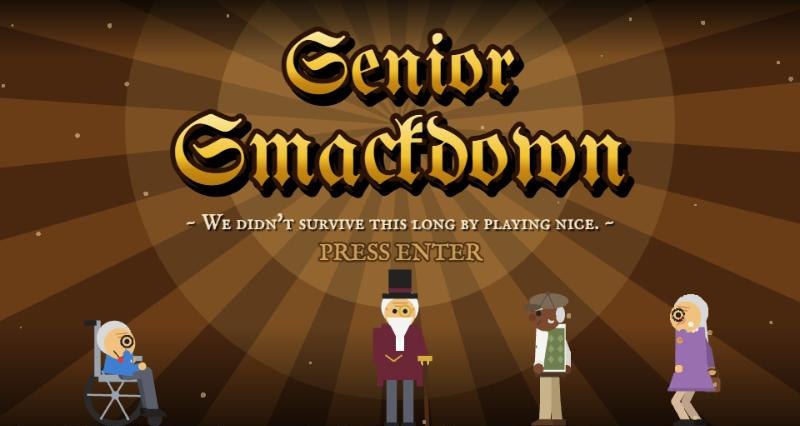The Senior Smackdown title screen: gold gothic lettering over a sunburst, with the four elderly fighters standing below.